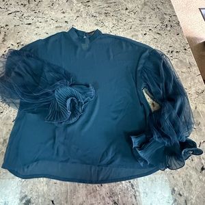 Sheer Teal Blouse with ruffle Balloon Sleeves